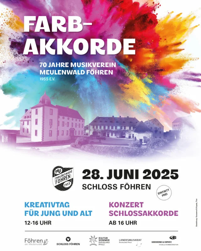 ❗❗ SAVE THE DATE ❗❗

Am 28. Juni 2025 findet unser Jubiläumskonzert "Farbakkorde" im Schloss Föhren statt.

Der Eintritt ist frei.