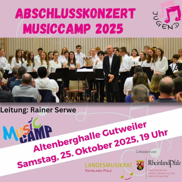 Konzertempfehlung 🎶
.
Diesen Samstag findet das Abschlusskonzert des Musiccamps unter Leitung von Rainer Serwe statt. 
. 
Auch hier sind wieder einige unserer Jugendlichen mit dabei - vorbeikommen lohnt sich!
. 
#mvföhren #musiccamp #landesmusikratrlp
