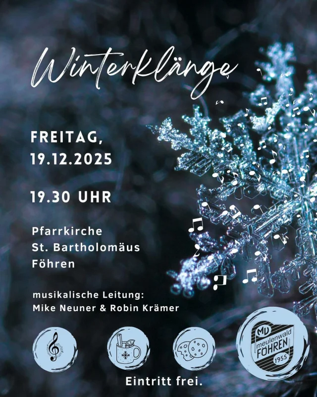 ❄️ Winterklänge ❄️
.
Zum Jahresabschluss laden wir zu unseren Winterklängen ein!
.
🗓️ Freitag, 19. Dezember
📍Pfarrkirche St. Bartholomäus, Föhren
🕖 19:30 Uhr
.
Freier Eintritt
.
Musikalische Leitung: Mike Neuer & Robin Krämer
.
#mvföhren #stbartholomäus #winterklänge #konzert #kirche #föhren